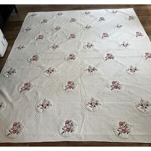Queen/king quilted coverlet, 86 x 102 white, red floral embroidery Lightweight